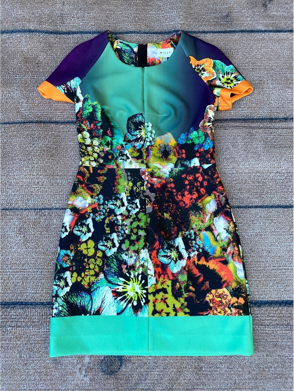 Milly graphic print front zip scuba dress abstract floral shift made in USA 6